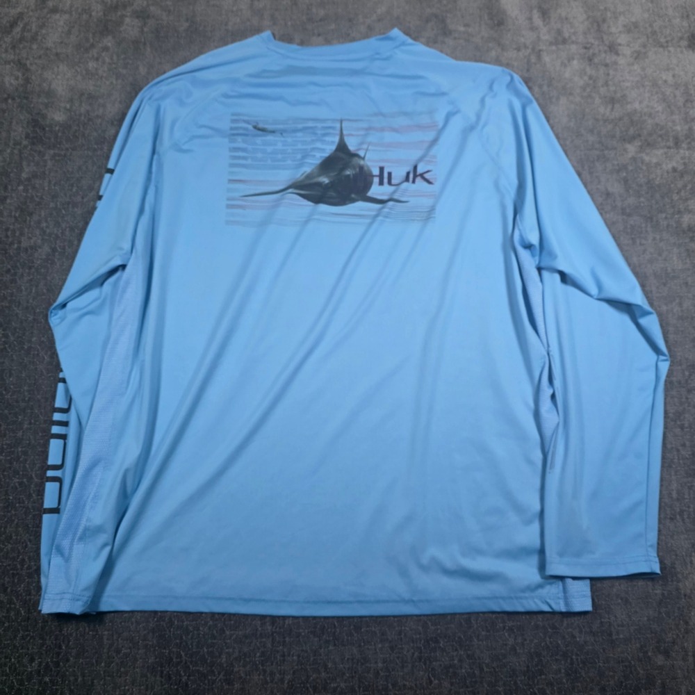 Huk Mens XXL 2XL Blue Long Sleeve Performance Fishing Shirt Marlin Graphic